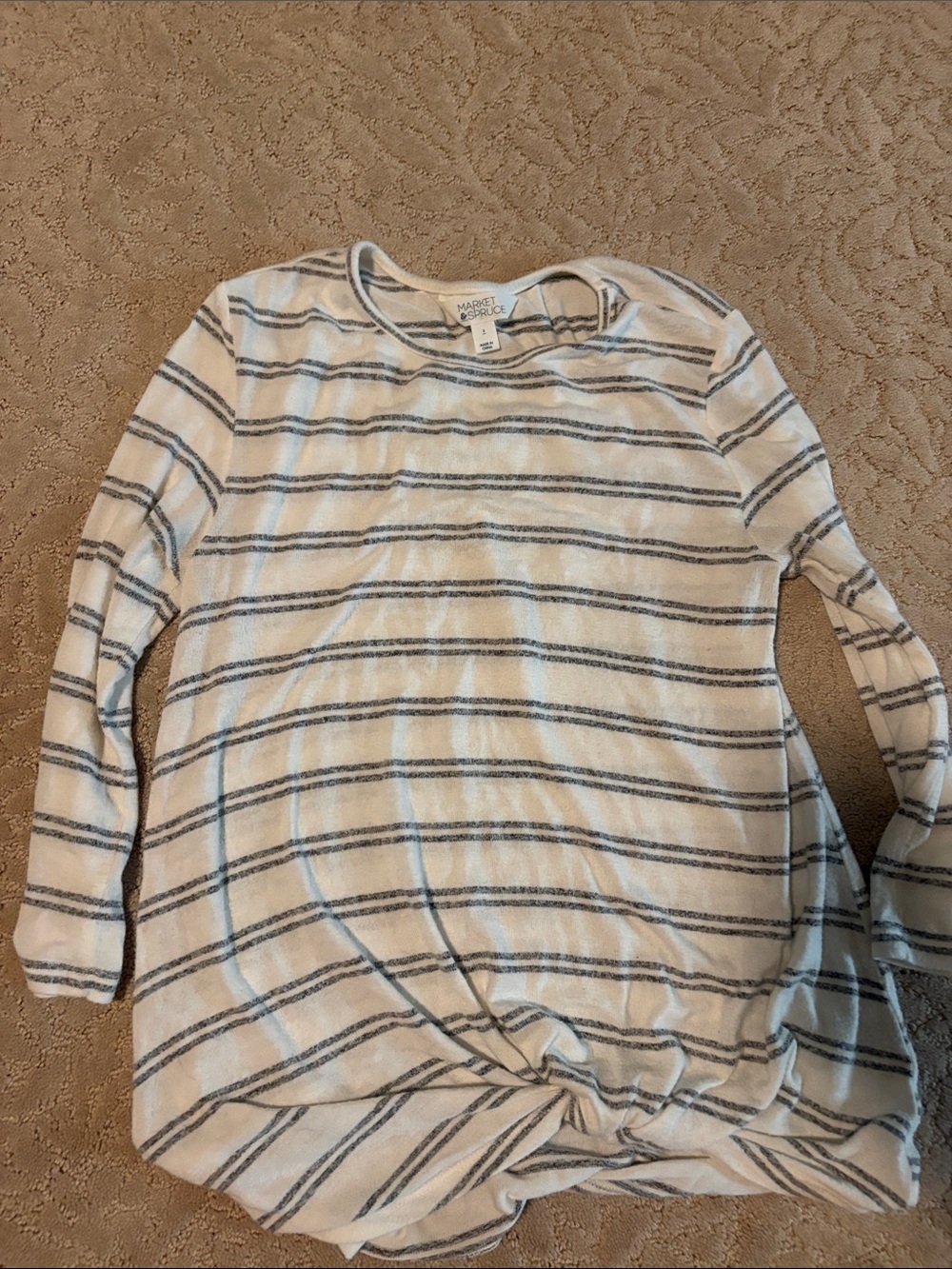 Market & Spruce Cream and Gray Striped Crewneck Sweater